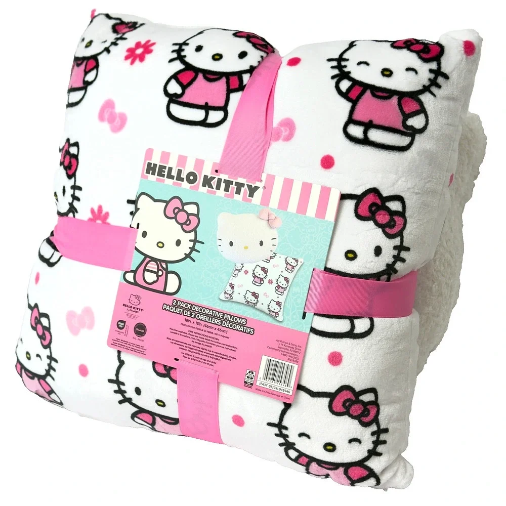 HELLO KITTY Throw Pillow SET- 2 Pack Decorative Plush Pink Bow 18x18 Kids Rm NWT